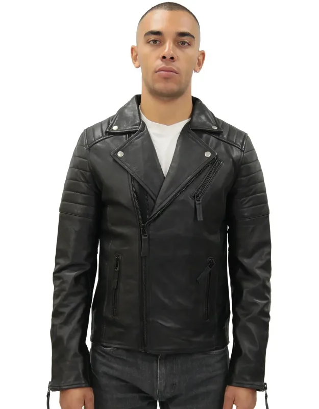 Brando Double Cross Zip Leather Biker Jacket-casablanca With Double Zip And Slanted Zip Pocket