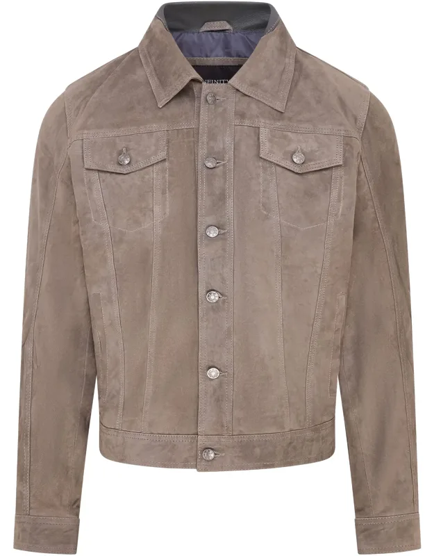Goat Suede Leather Jeans Jacket- Nurmes With Pointed Collar And Flap Pockets