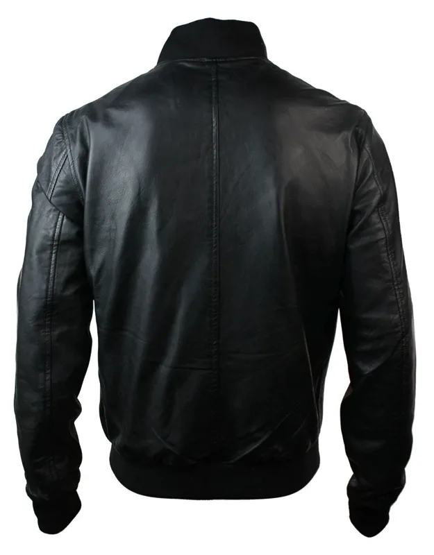 Varsity Leather Bomber Jacket With Elasticated Cuff & Waist, Slim Fit Design