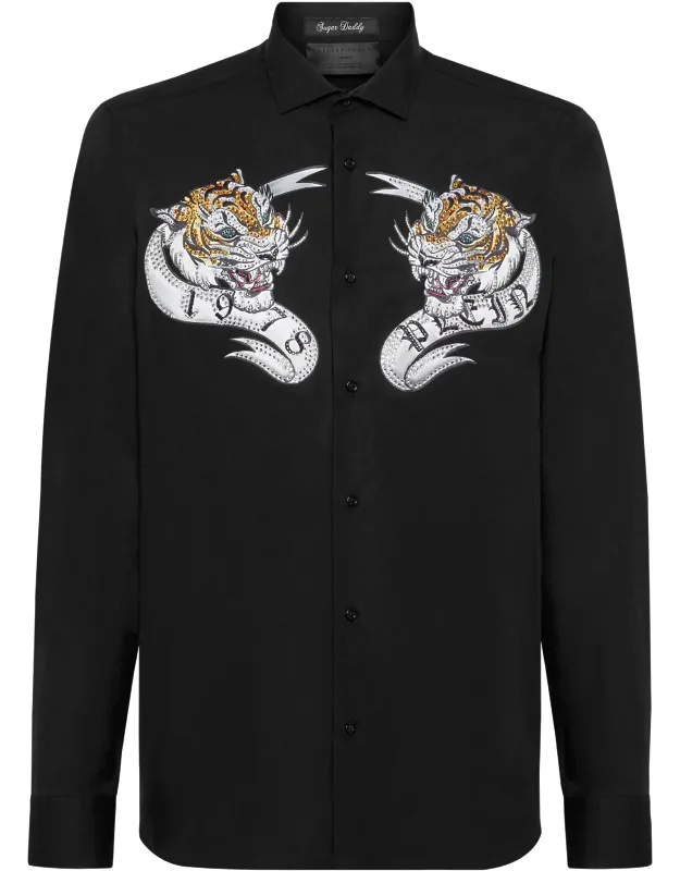 Shirt Cut Ls Tattoo With Rhinestones And Curved Hem