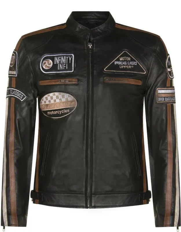 Portland Racing Leather Biker Jacket With Embroidered Badges And Racing Stripes
