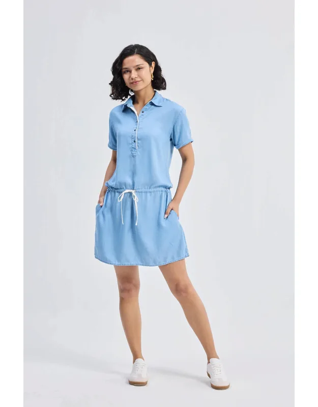 Drawstring Denim Shirt Dress With Front Buttons