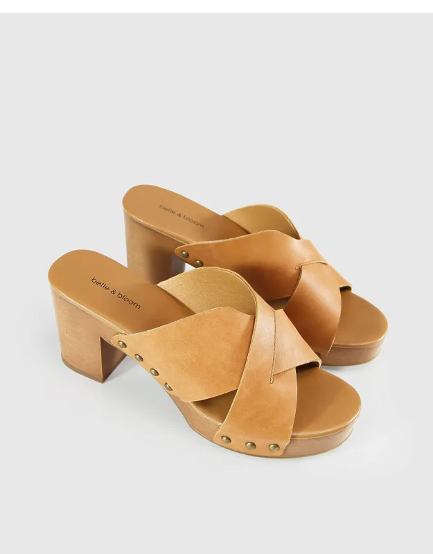 Clog Mule With Chunky Wood Finish Platform And Leather Crossover Straps