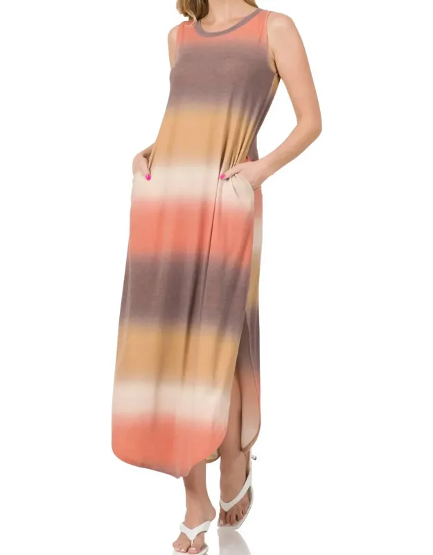 Multi Print Maxi Dress With A-line Silhouette And Pockets