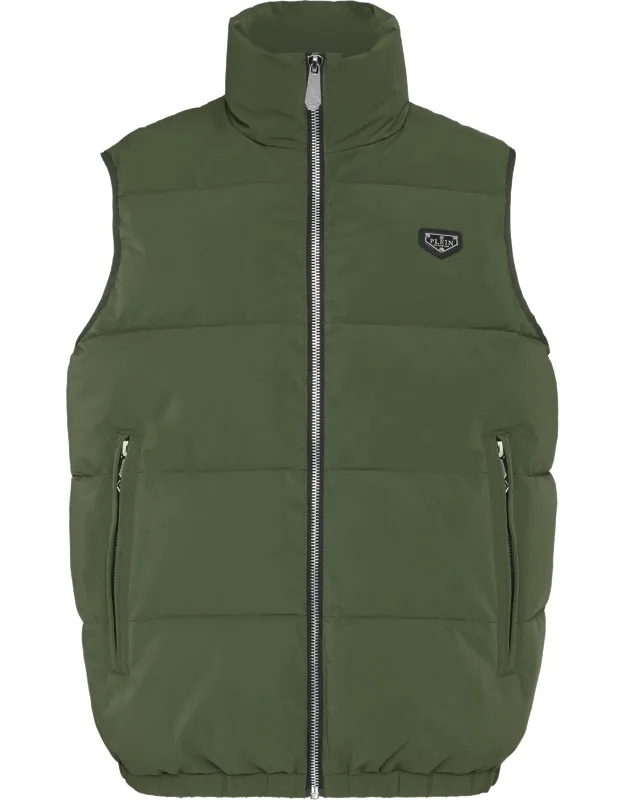 Nylon Down Jacket Vest With High Collar And Zippered Pockets