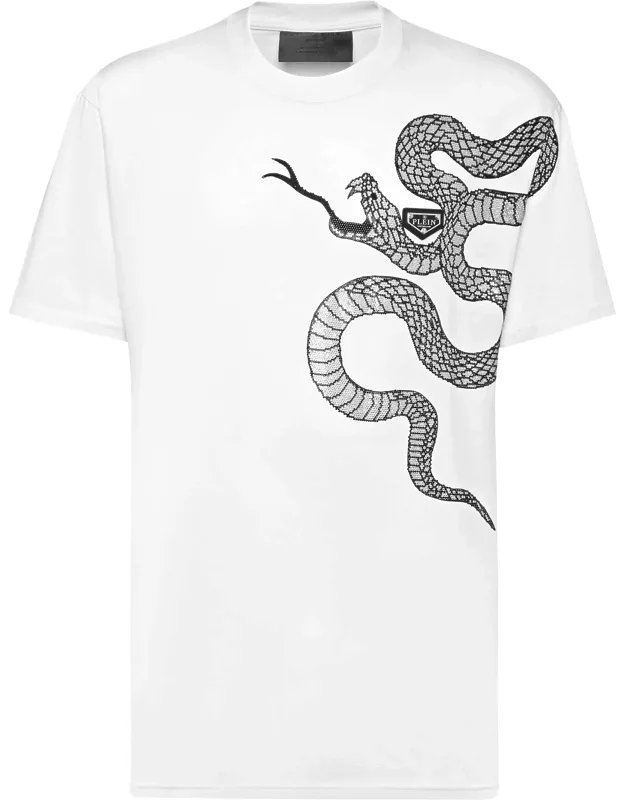 Round Neck T-shirt With Bejeweled Snake And Rib Knit Neckline