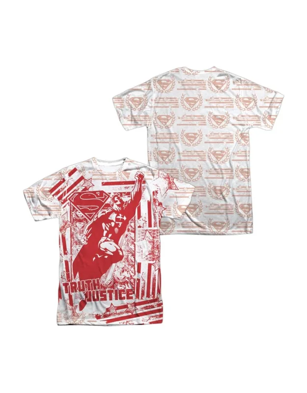 Superman Truth And Justice All Over (front/back Print) Short Sleeve 100% Poly Crew Tee / T-shirt