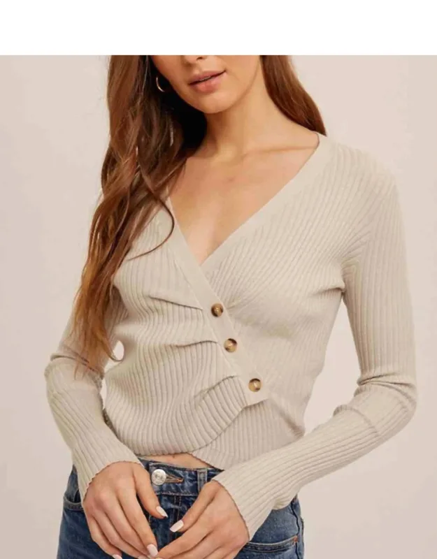 Asymmetrical Pleat Ribbed V Neck Top