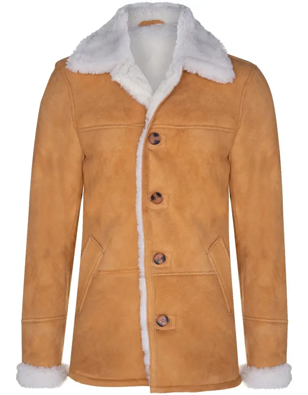 Classic Sheepskin Car Coat-auburn With Suede Exterior Finish And Classic Car Coat Design