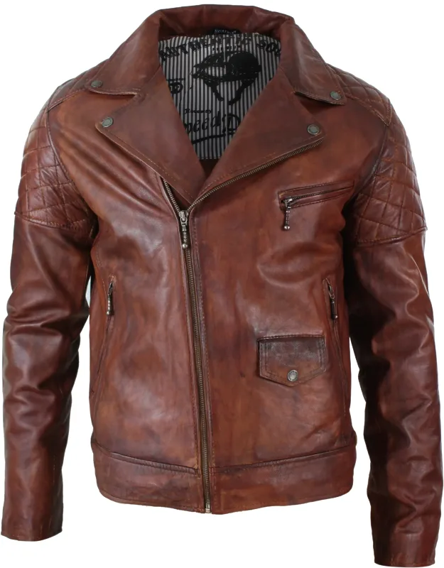 Vintage Leather Biker Jacket With Diamond Quilt Design And Adjustable Belted Buckle