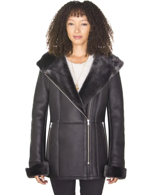 Black Hooded Merino Sheepskin Jacket-rothwell With Luxurious Sheepskin Collar And Hood