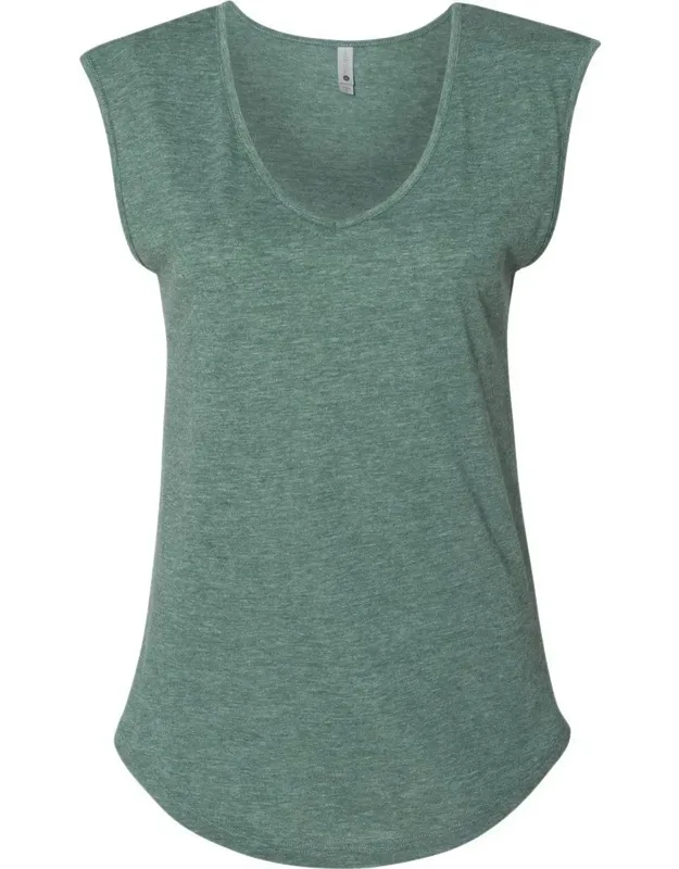 Next Level Sleeveless Deep V-neck T-shirt, 3.5 Oz., 65/35 Polyester/combed Ringspun Cotton, Self-fabric Bound V-neck And Armhole, Modestly Curved Hem, Side Seams, Tear Away Label.