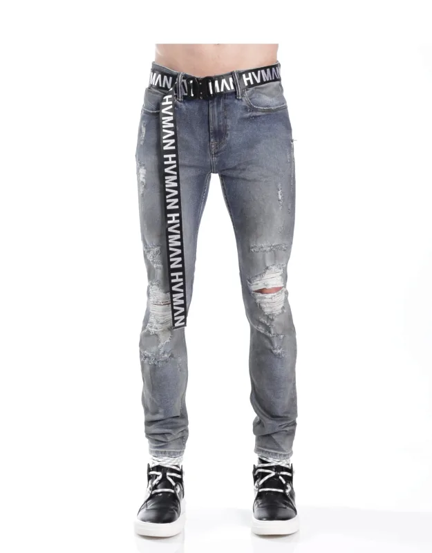 Strat Super Skinny Fit Jean W/black Belt In Crafted From A Premium Denim, Vintage Washed With Rips For A Unique Design