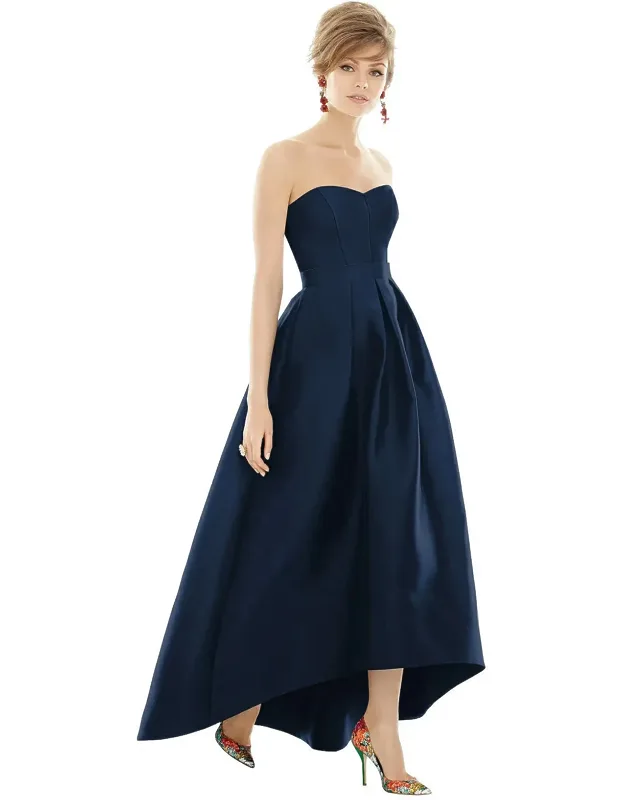 Strapless Satin High Low Dress With Pockets