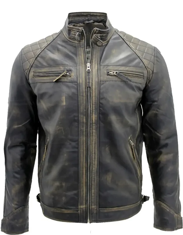 Zipped Leather Racing Quilted Biker Jacket With Adjustable Waist And Buttoned Cuffs