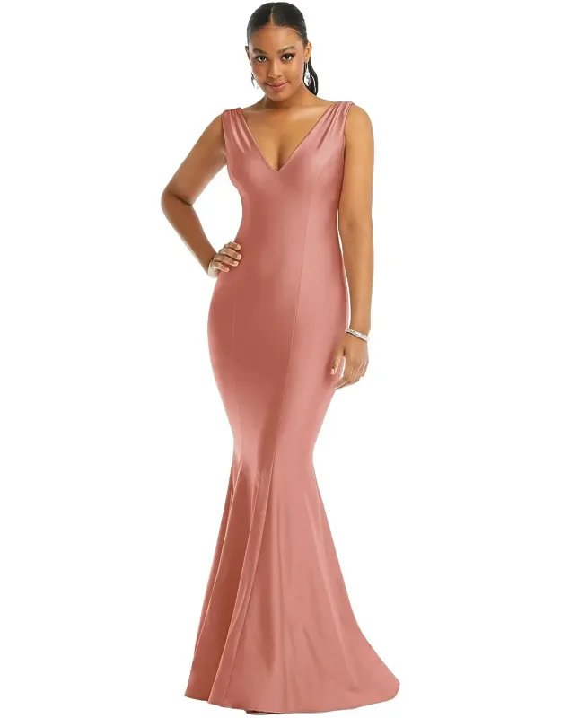 Shirred Shoulder Stretch Satin Mermaid Dress With Slight Train