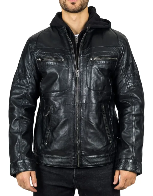 Hooded Genuine Leather Motorcycle Biker Jacket
