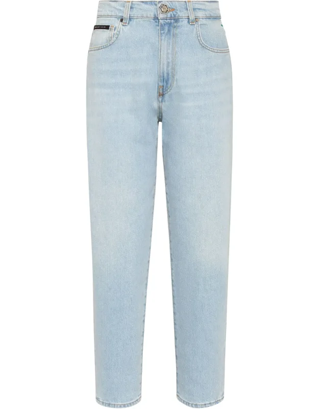 Denim Trousers Fit With Stretch Stone Washed Denim And Jewel Button