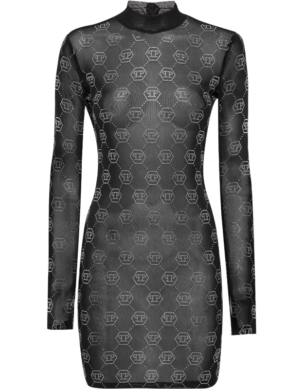 Tulle Midi Dress With Thumbhole And High Neck