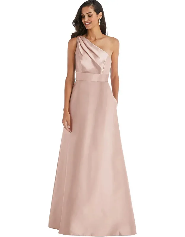 Draped One-shoulder Satin Maxi Dress With Pockets