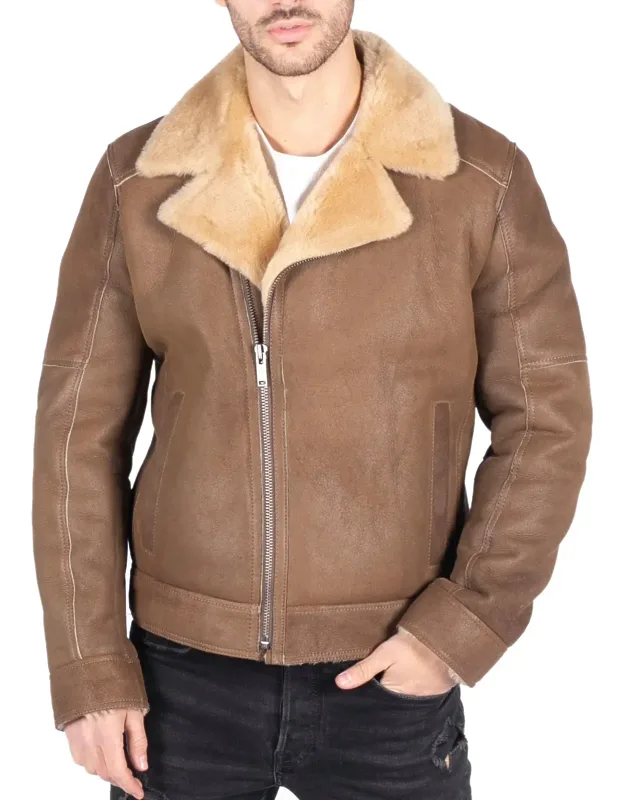 Sheepskin Cross Zip Aviator Jacket With Fur