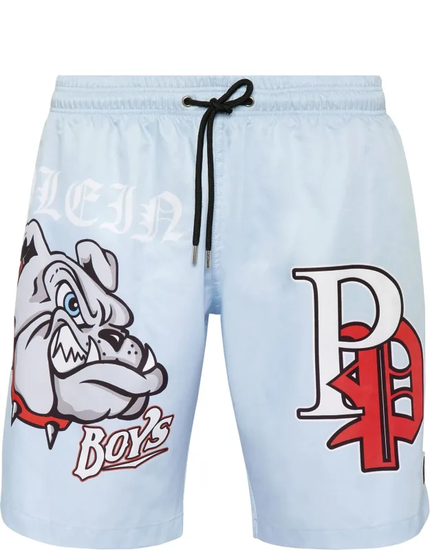 Swim-trunks With Bulldog Pattern And Drawstring Waistband