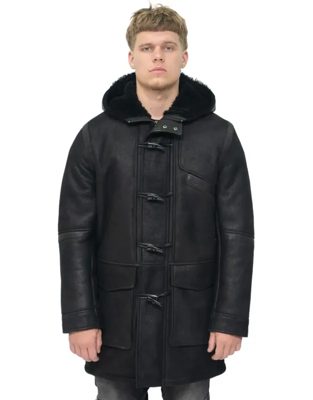Winter Sheepskin Leather Hooded Duffle Coat With Thick Woollen Lining And Toggled Closure
