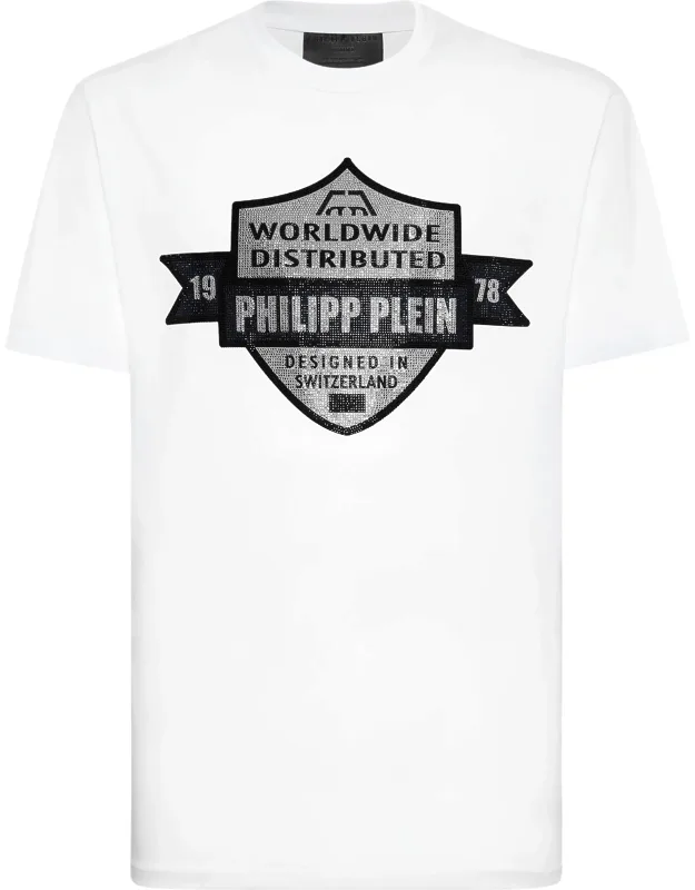 Round Neck T-shirt With Rhinestone-print And Saffian Leather Patch