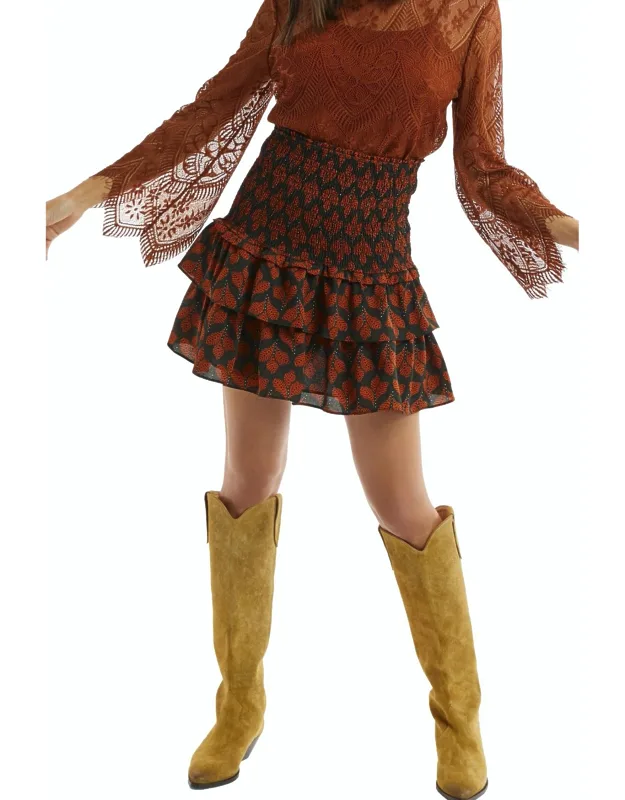 Leaf Print Smocked Mini Skirt
