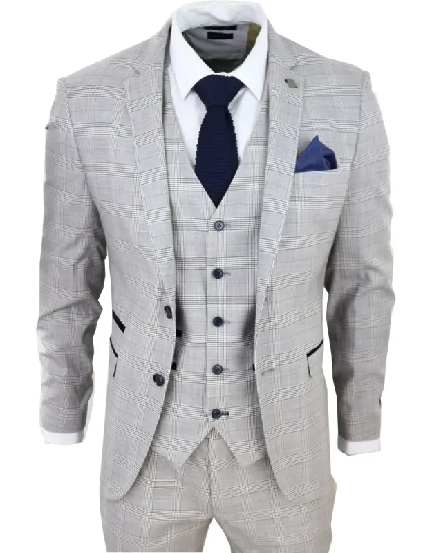 Three-piece Suit In Navy Check Velvet