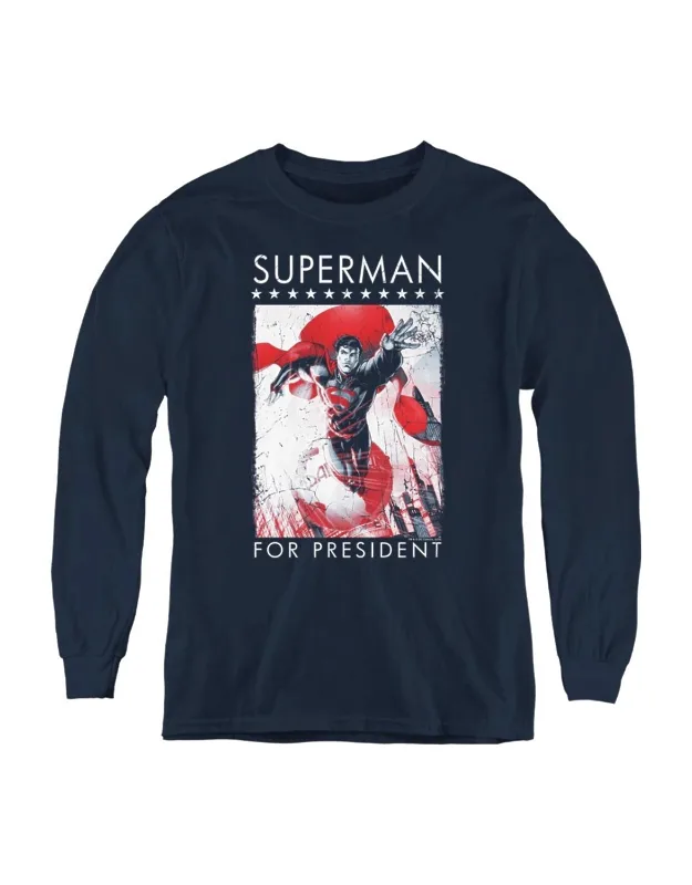 Superman For President Youth Long Sleeve Tee / T-shirt - Stylish And Great For Easy, Everyday Wear.