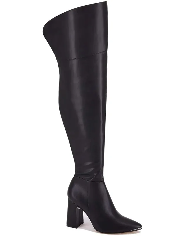 Over The Knee Leatherette Boots With High Block Heel And Pointy Toe