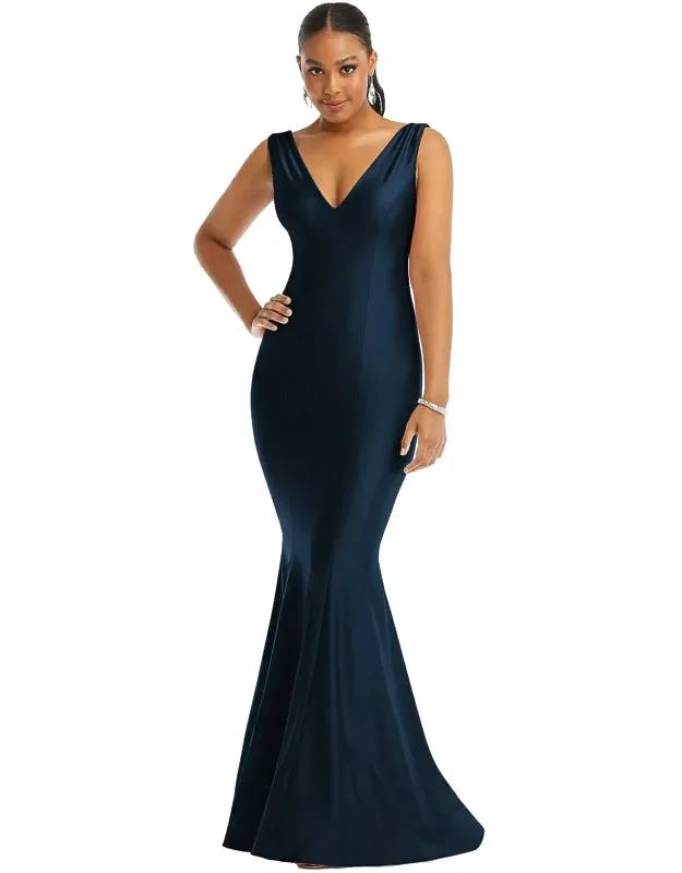 Shirred Shoulder Stretch Satin Mermaid Dress With Slight Train