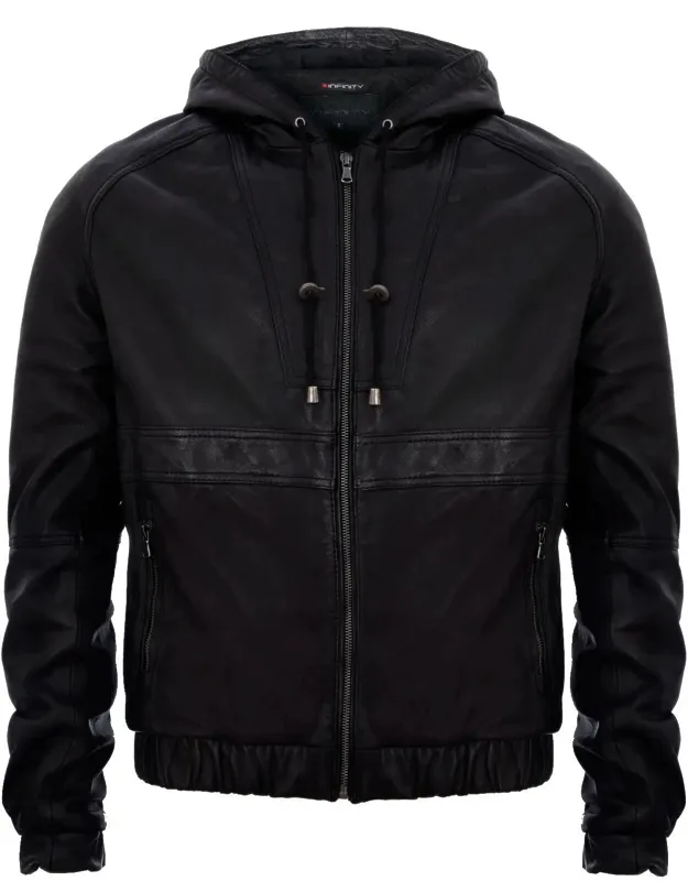 Vintage Zipped Leather Hooded Bomber Biker Jacket With Adjustable Hood And Rib Knit Cuffs