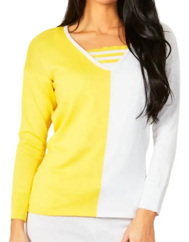 Two-tone Stripe Detail Top - V-neck, Long Sleeves