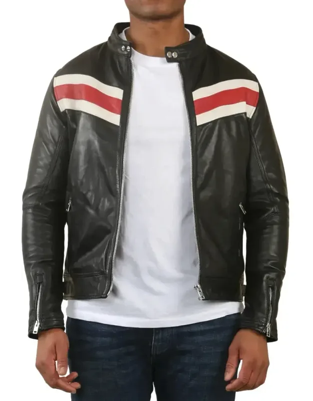 Racer Striped Biker Leather Jacket