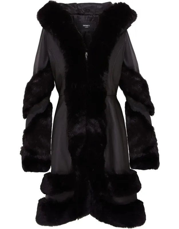 Flared Leather Hooded Cape Coat With Fur