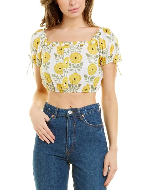 Celina Moon Short Sleeve Crop Top With Ruffle Neck And Tie Detail