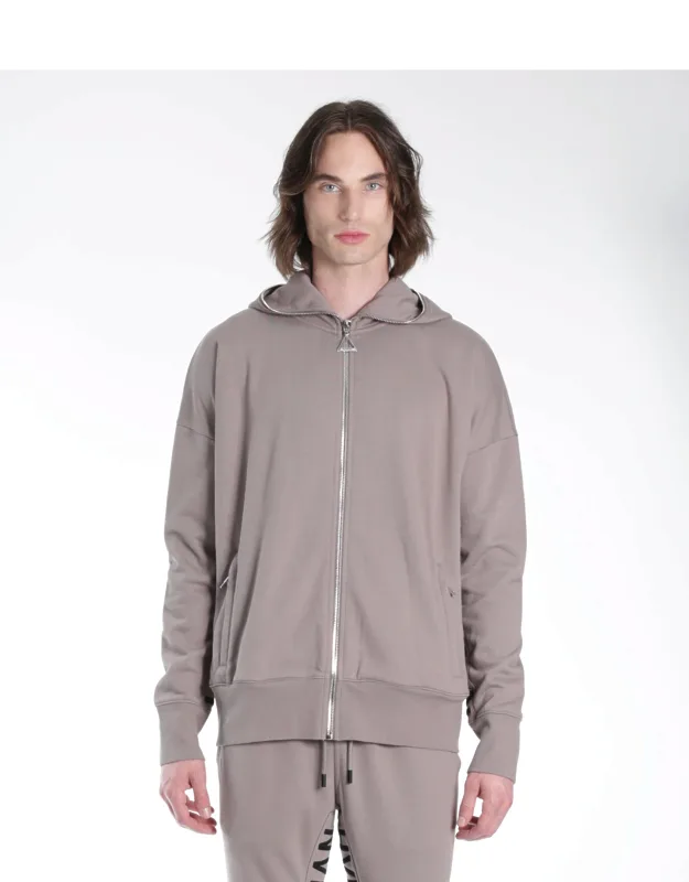 _full Zip Sweatshirt In Satellite With Contrast Embroidery And Triangle Zipper Pull Tab Accents_