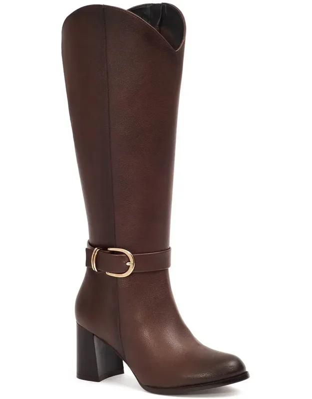 Tall Riding Boots With High Block Heel And Strap Buckle Ornament