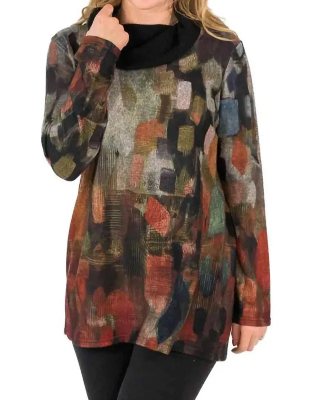 Mix Print Contrast Cowl Neck Tunic Sweater