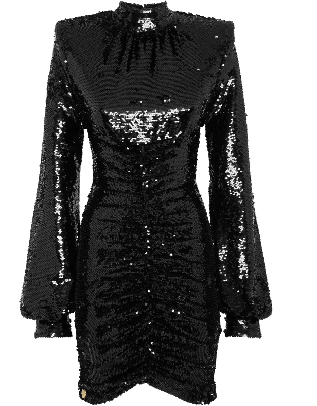 Midi Dress With Crystals And Long Puff Sleeves