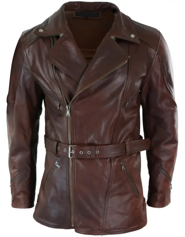 Belted Long Leather Moto Jacket With Ce Armour
