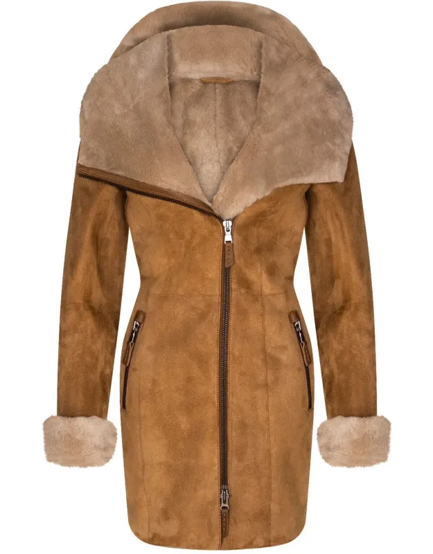 Merino Sheepskin Hooded Coat-ryde With Double Zip Puller And Suede Finish