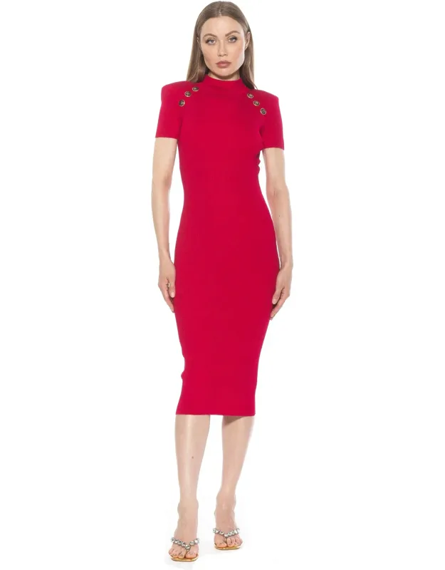 Adara Dress With Gold Detail Buttons And Mockneck