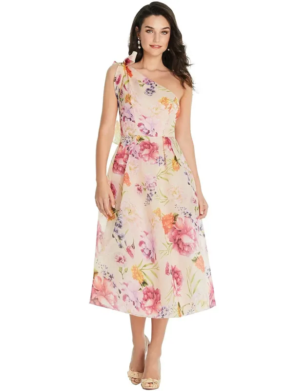 Scarf-tie One-shoulder Floral Organdy Midi Dress
