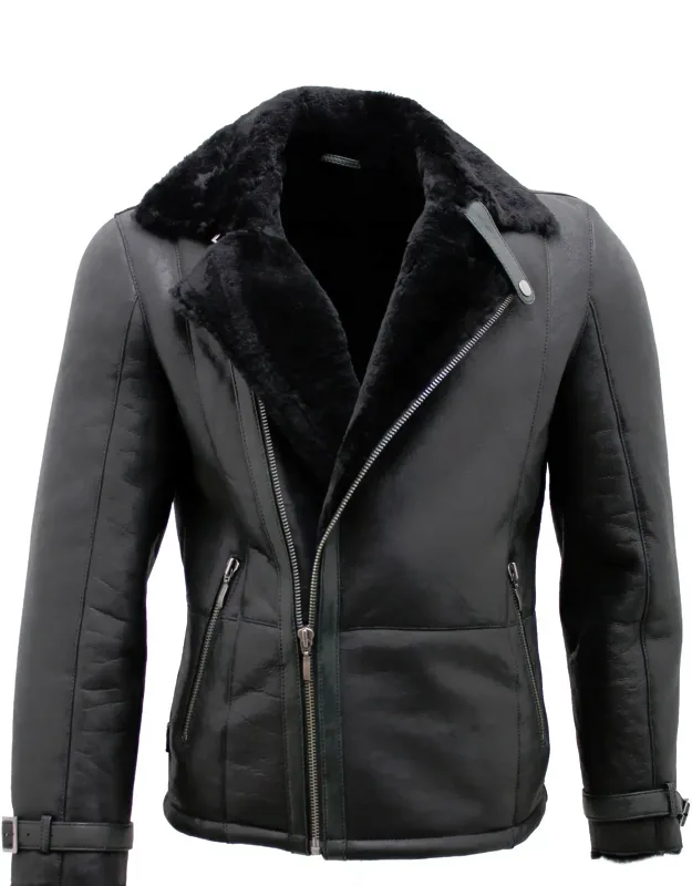 Double Breasted Sheepskin Leather Biker Jacket-manila With Adjustable Cuffs And Angled Zipped Pockets