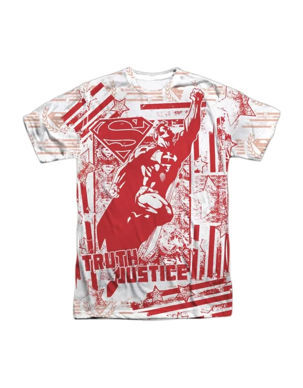 Superman Truth And Justice All Over Short Sleeve Crew Tee / T-shirt, 100% Polyester