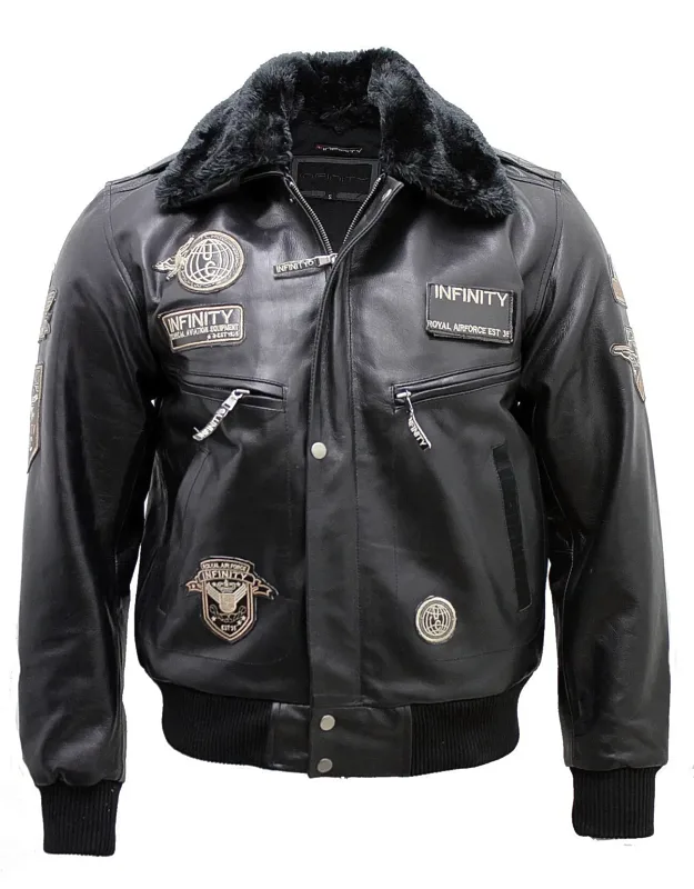 Leather Us Air Force Bomber Jacket-wellington With Sheepskin Collar And Rib Knit Cuffs