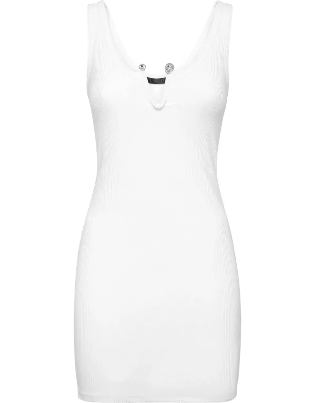Short Dress With Rib Knit Stretch Polyester Jersey And Jewel-embellished Neckline